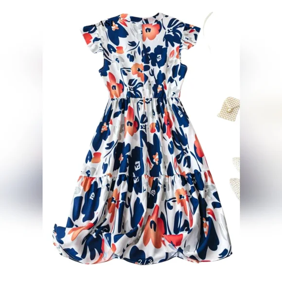NWOT SHEIN Floral Print Midi Dress - Blue and Orange - Picture 1 of 4